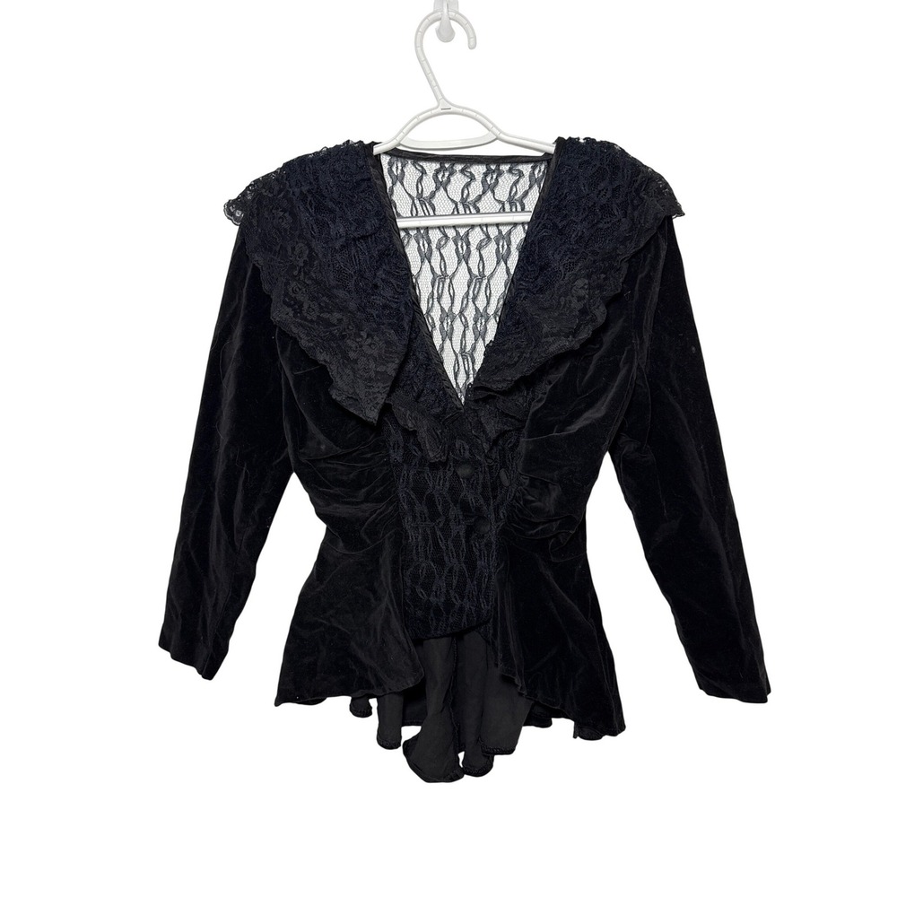Vintage Mariposa Black Velvet Lace Peplum Top Ruffle Goth 9 Whimsigoth Vampire